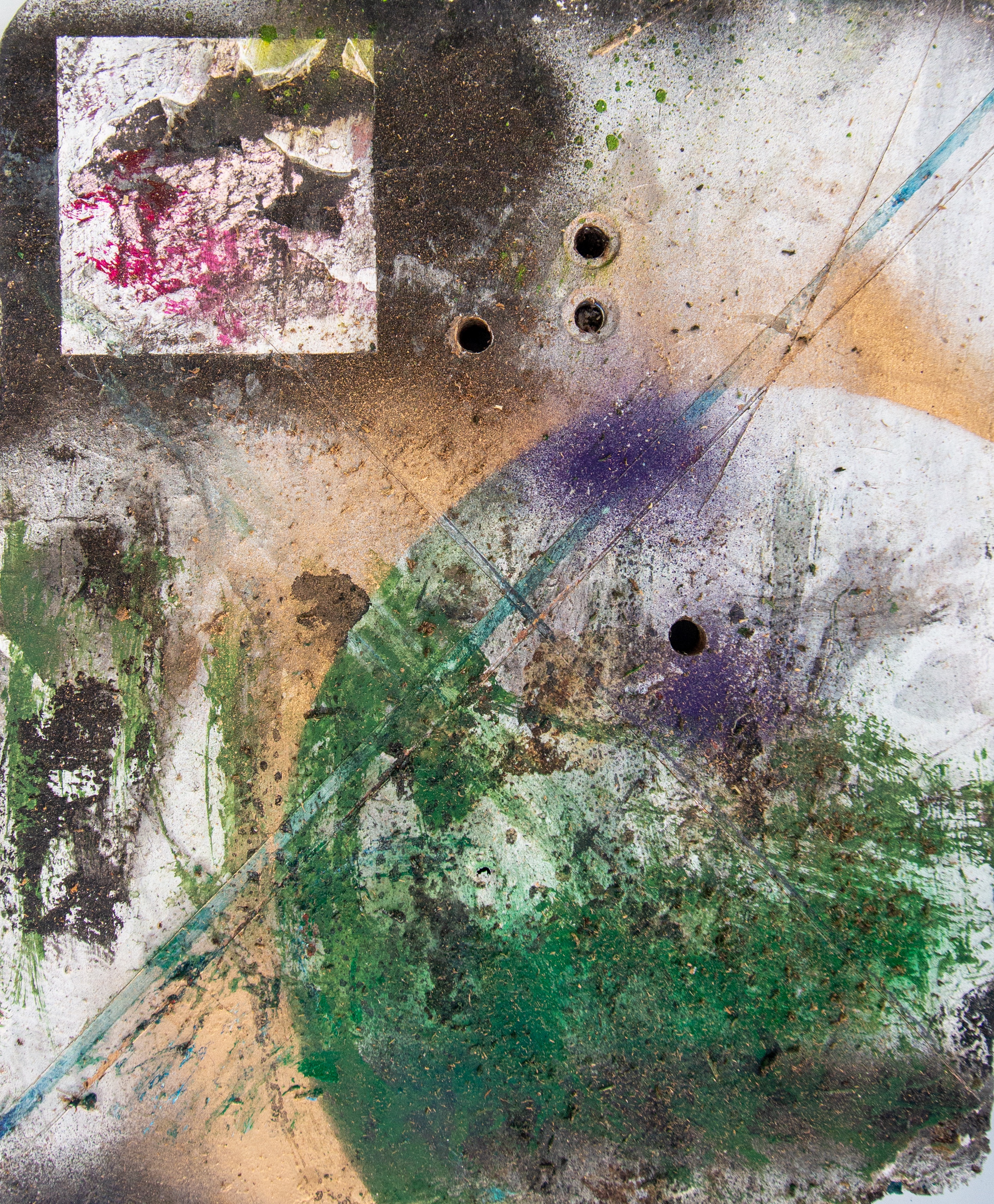 Portrait painting on a chalky-white ground. A small pink-and-white printed square sits at upper left over a dark gritty patch; below, a violet wash and a green splatter mass cross diagonal scored lines. Three drilled holes near centre.